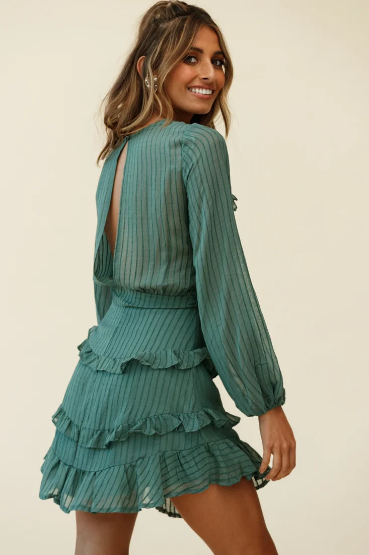 Dusk Long Sleeve Waist Tie Frill Dress Thin Stripe Green