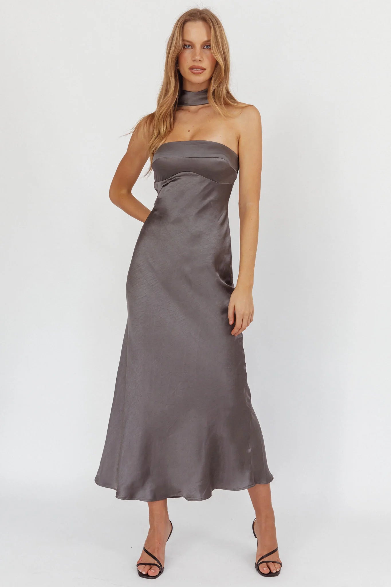 Damsel Reverse Halter Maxi Dress Satin Charcoal