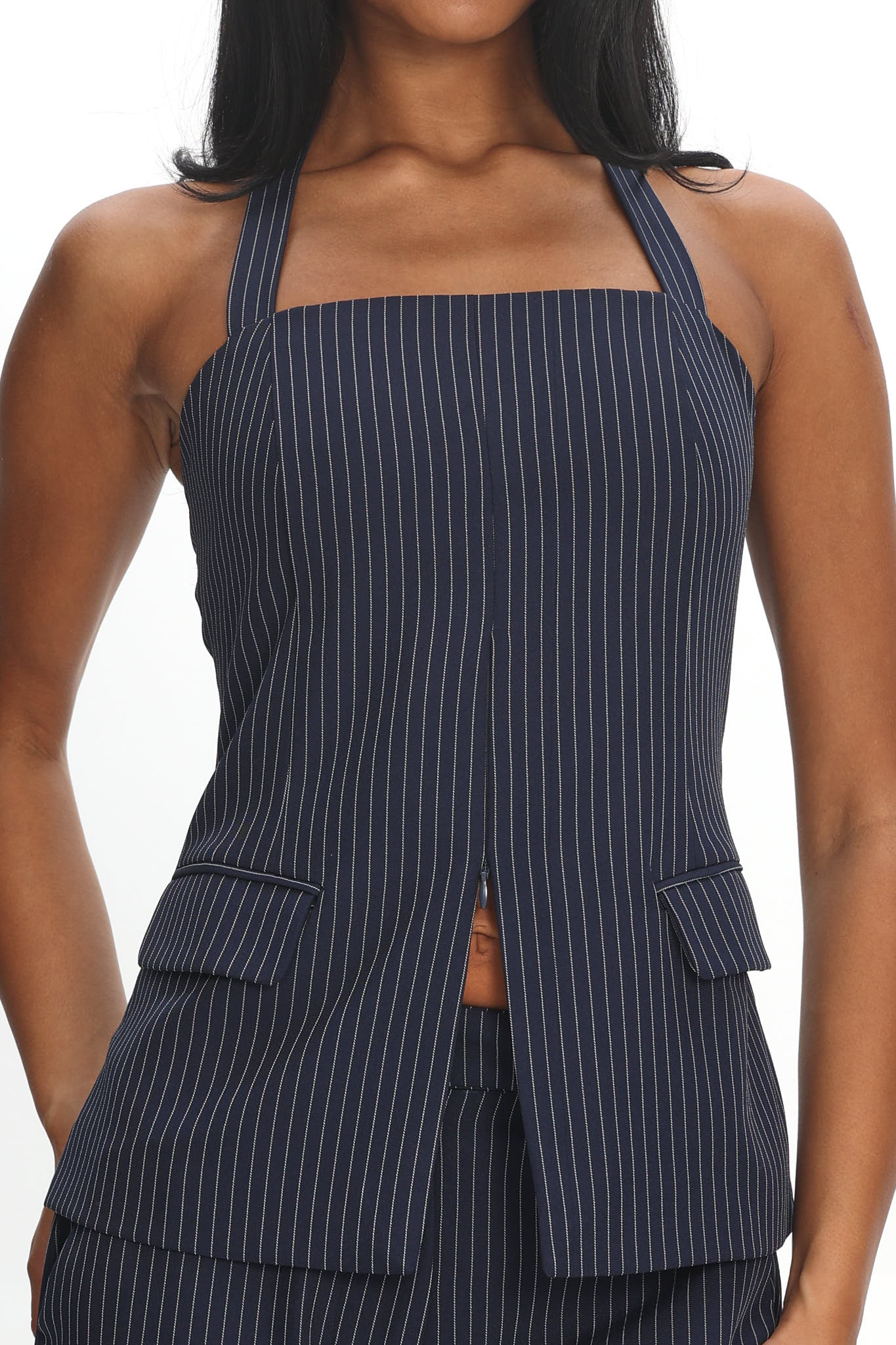 Renee Front Zip Halter Top Pinstripe Navy
