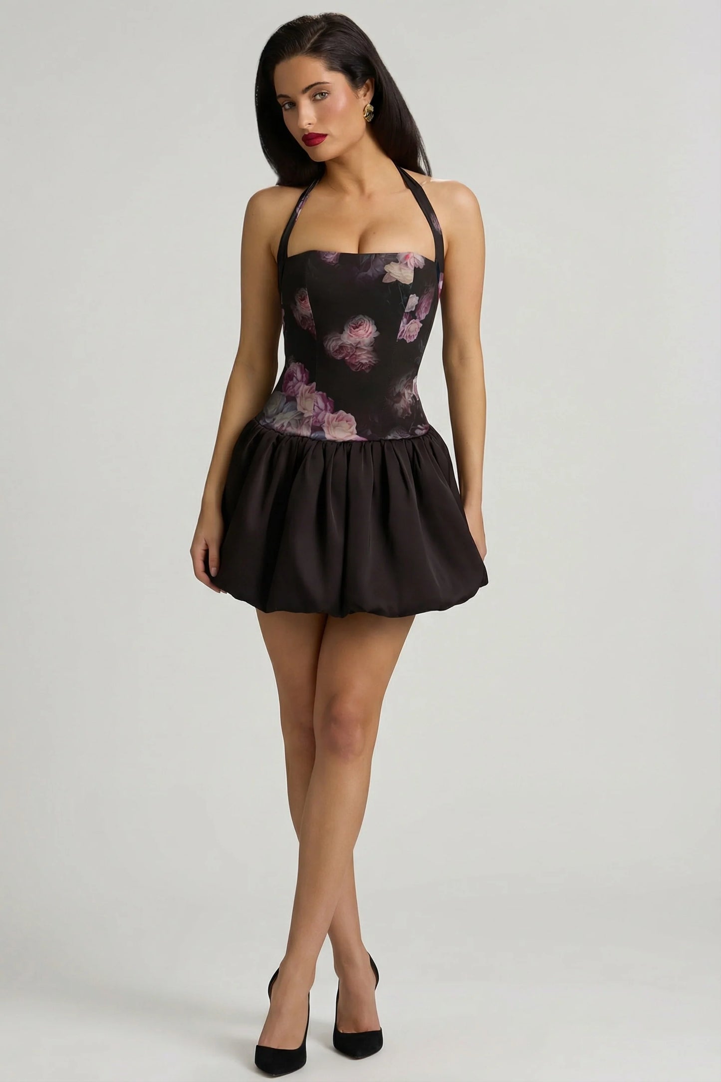 Halterneck Lace-Up Bubble Hem Mini Dress in Black Floral Print