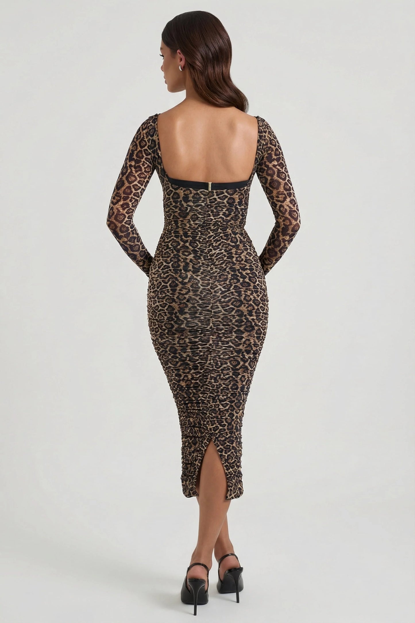 Layered Bra-Detail Ruched Midaxi Dress in Leopard Print