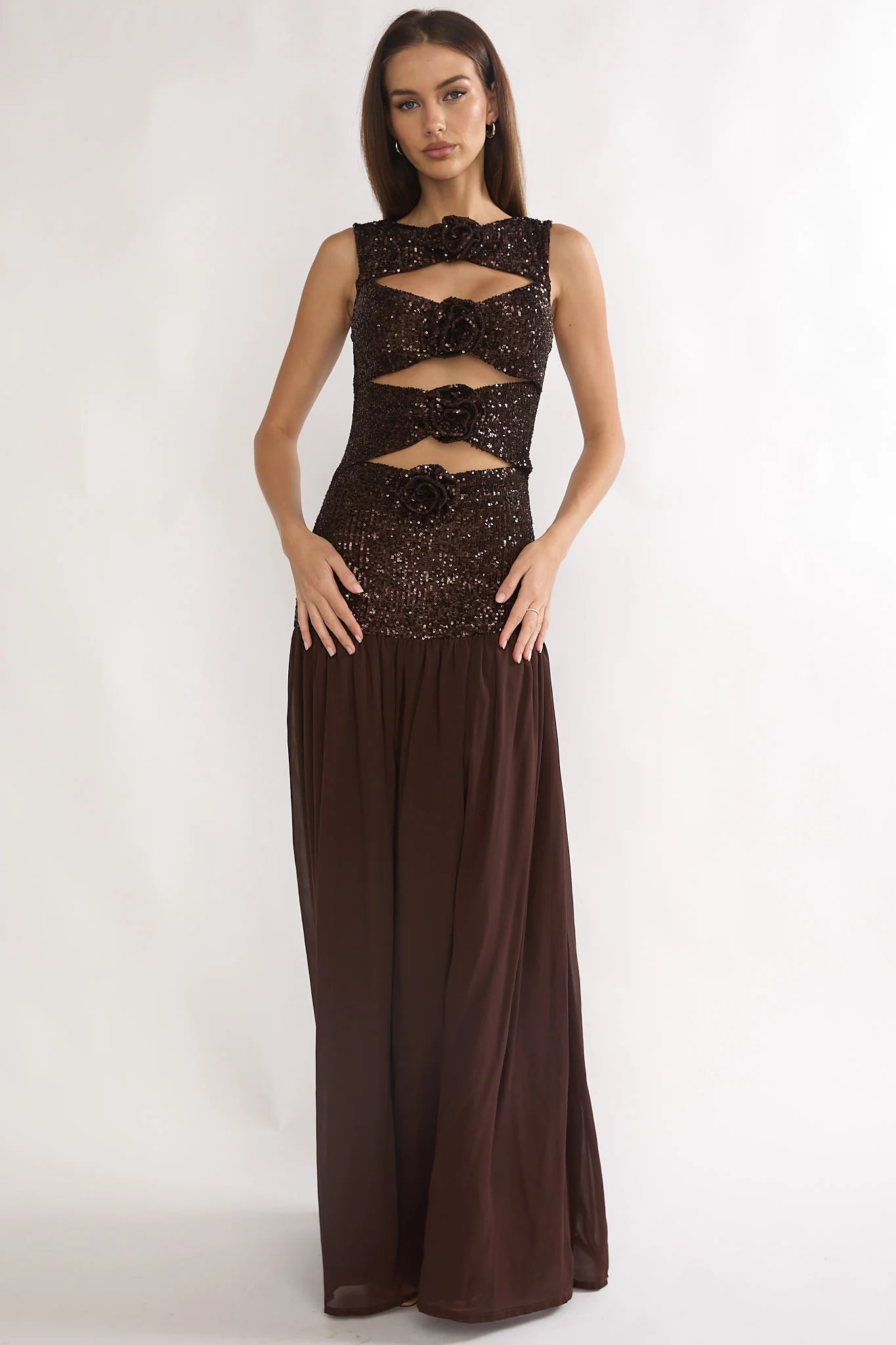 Dioris Rosette Cut-Out Sequin Maxi Dress Sequin Choco