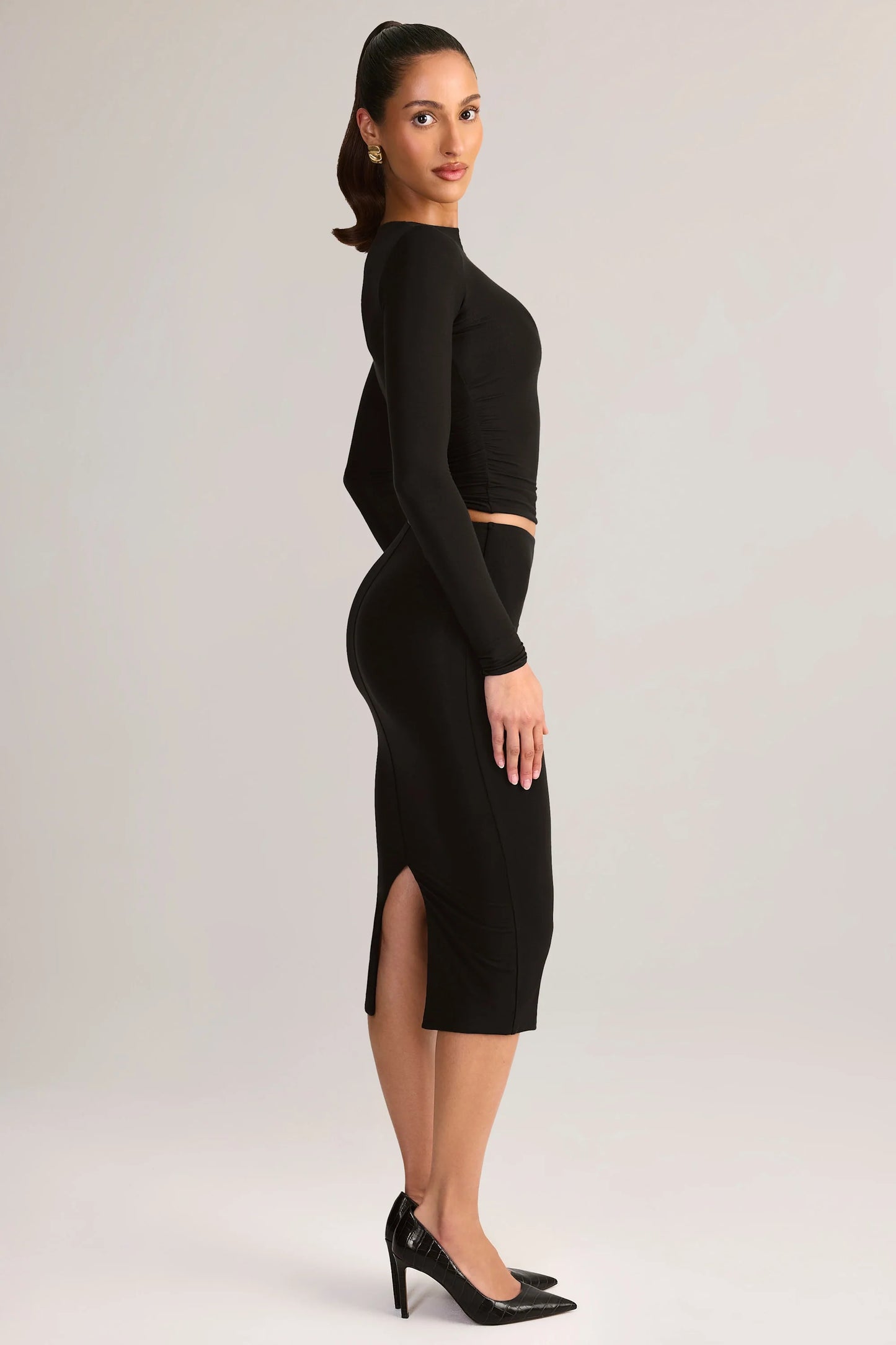 Modal Mid-Rise Pencil Midi Skirt in Black