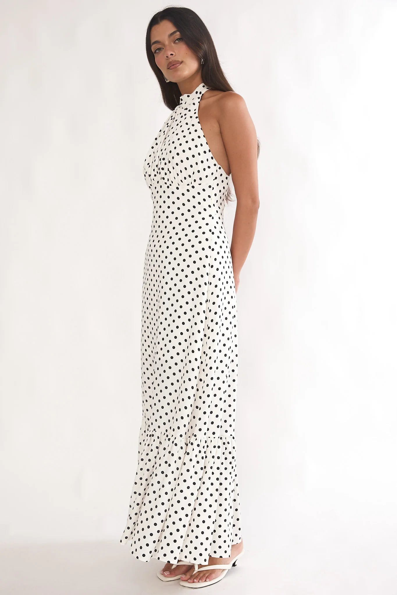Romana High Neck Halter Maxi Dress Polka Dot White