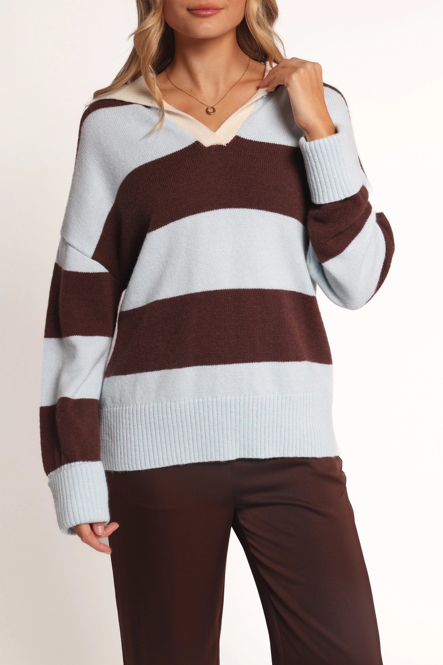 Mikaela Rugby Stripe Knit Sweater - Brown/Blue Stripe