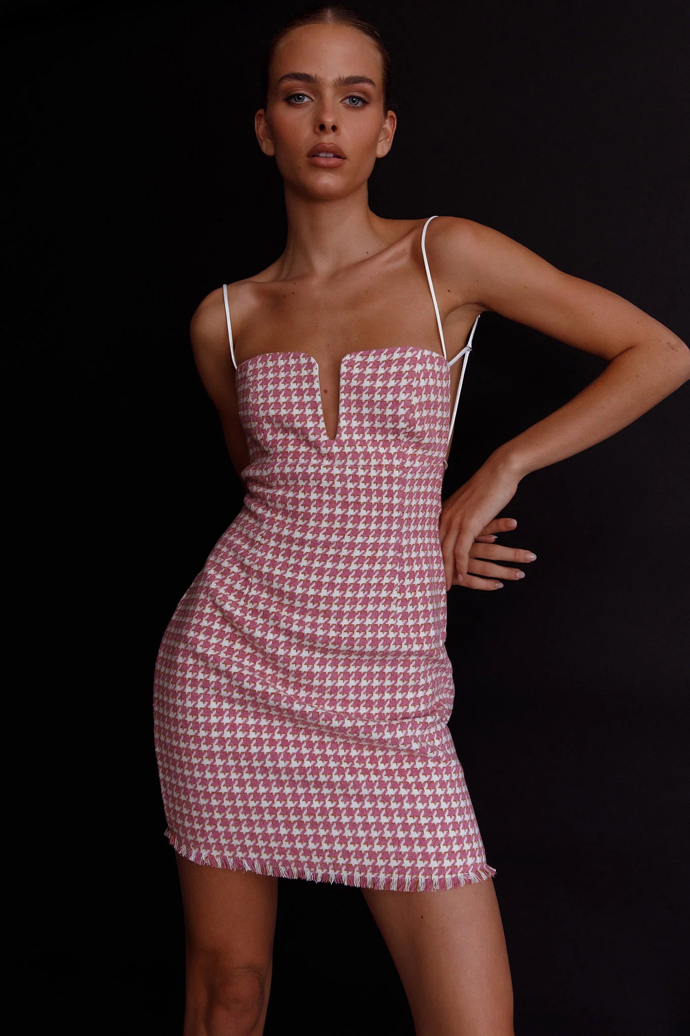 Dolce Life Low Back Mini Dress Houndstooth Pink