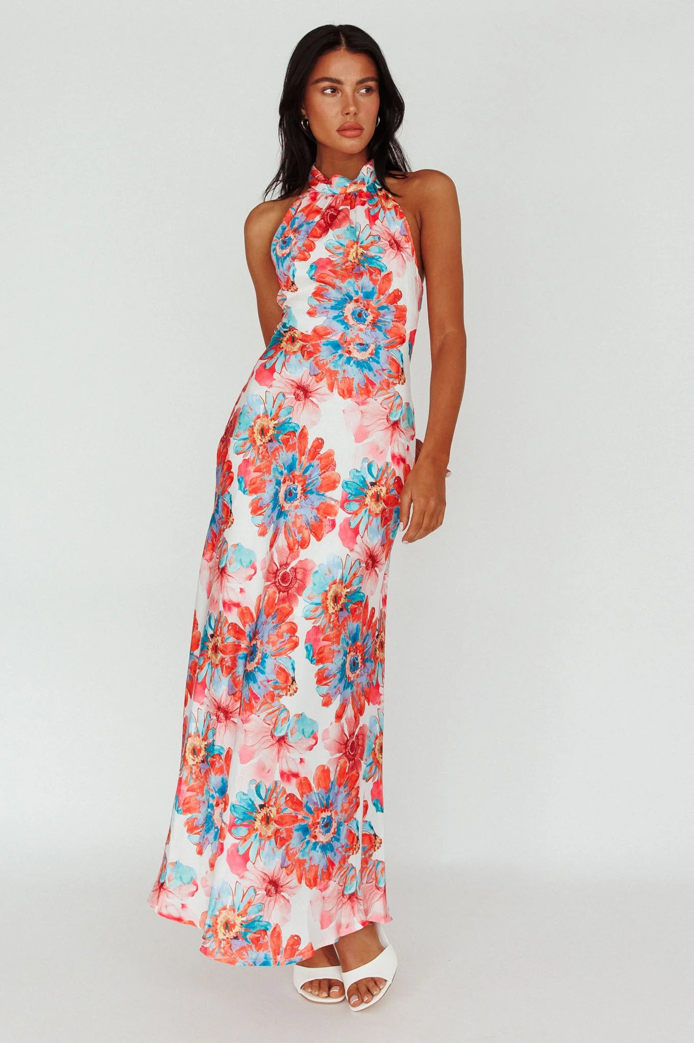 Shana Halterneck Maxi Dress Flowers Pink