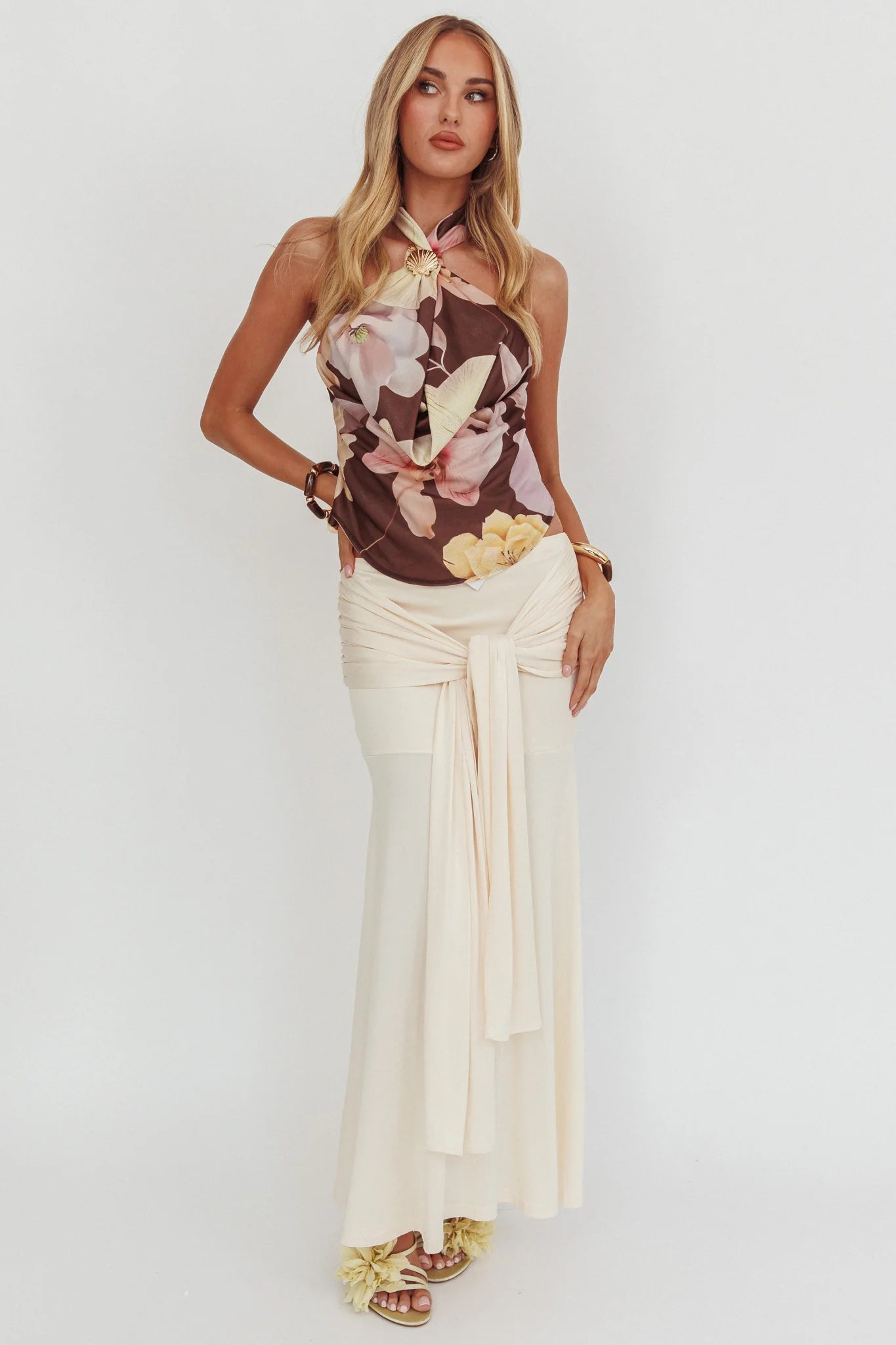Wisteria Cowl Halterneck Top Floral Brown