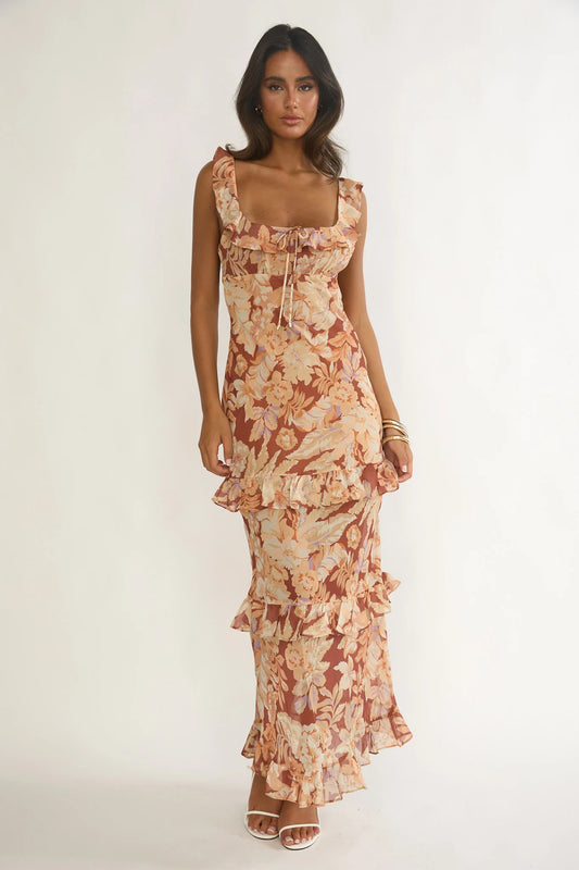Dorise Tied Back Ruffle Maxi Dress Floral Yellow