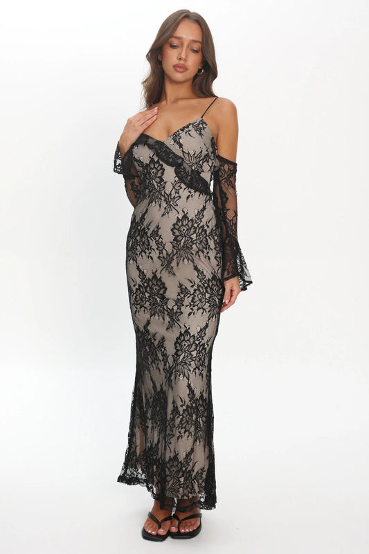 Zarah Off-Shoulder Sleeve Lace Maxi Dress Black
