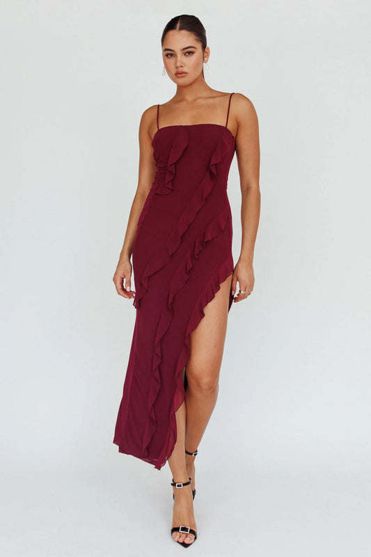 Catriona Split Ruffle Midi Dress Grape