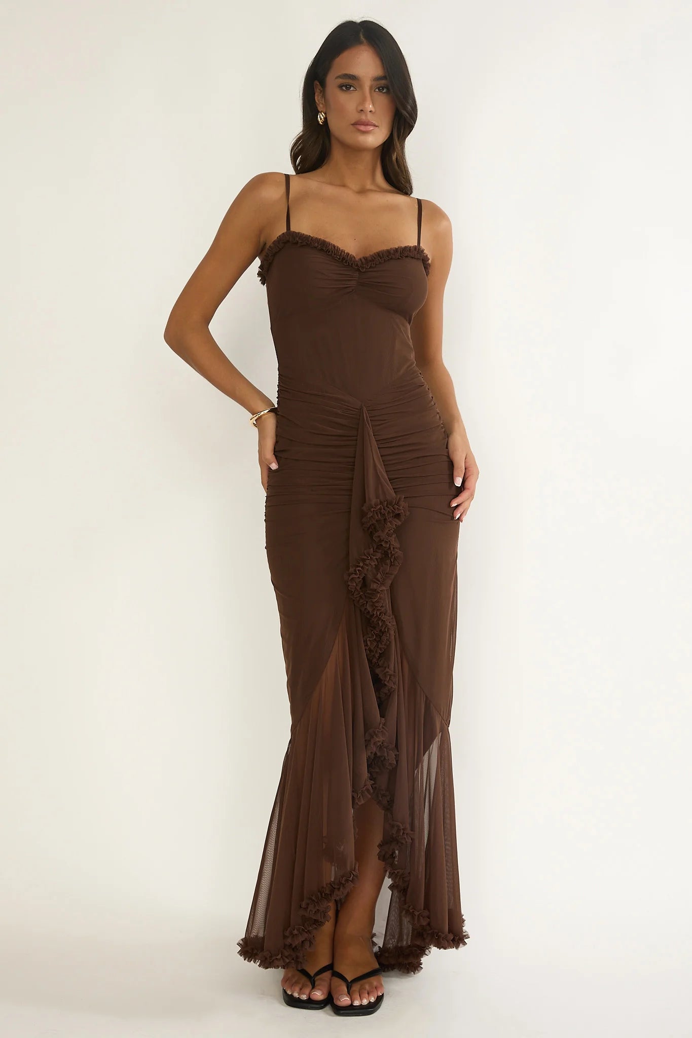 Noelia Gathered Waist Frill Trim Maxi Dress Chocolate