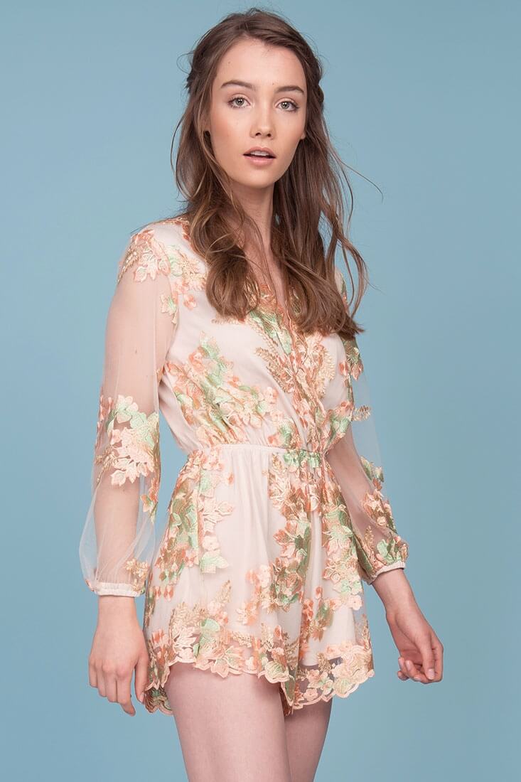 Emelia Embroidered Floral Romper Pink & Green