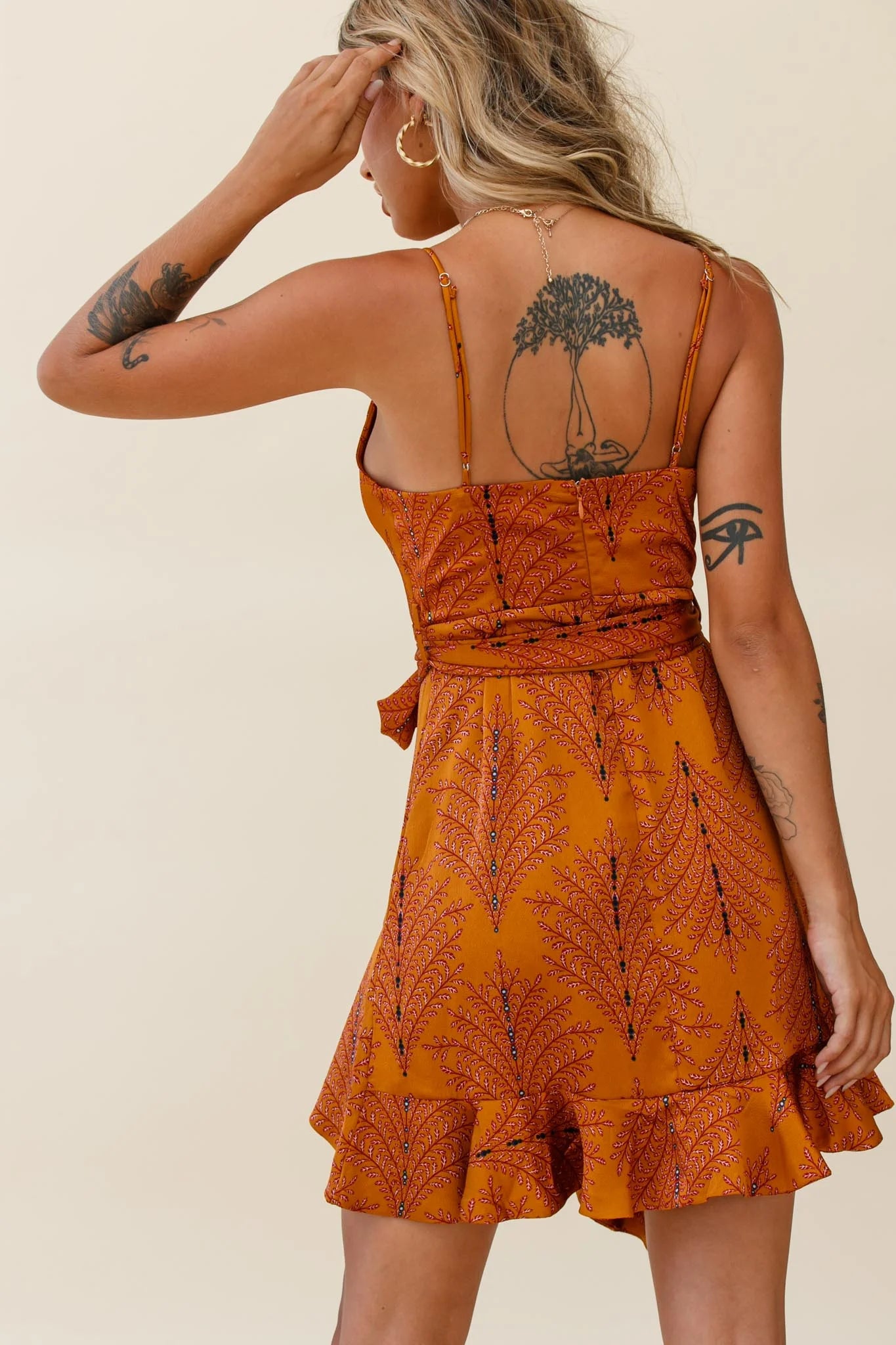 On The Prowl Cowl Neck Asymmetrical Hem Dress Leaf Print Tan