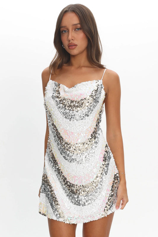 Show Me Love Cowl Neck Mini Dress Sequin Swirl White