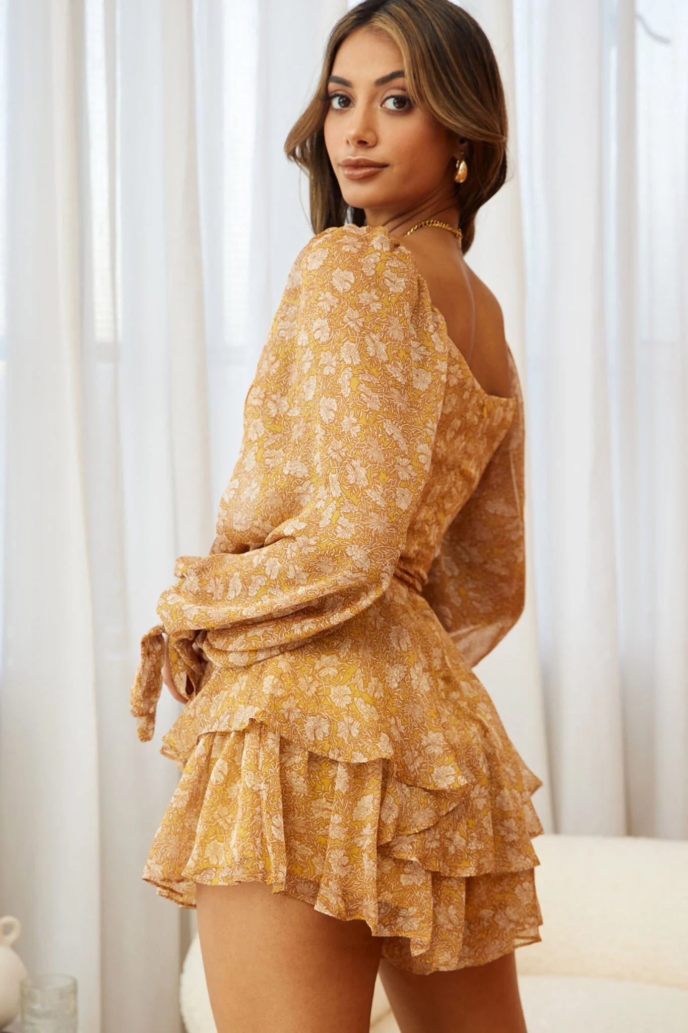 True Love Long Balloon Sleeve Layered Flounce Romper Floral Print Mustard