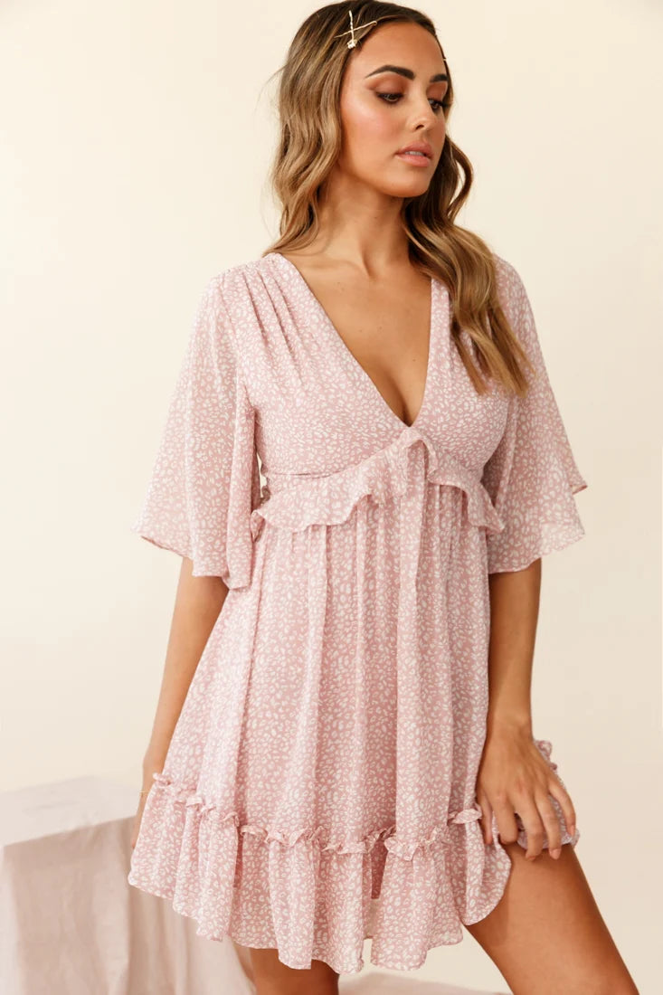 Flissy Angel Sleeve Cut-Out Babydoll Dress Speckle Print Pink