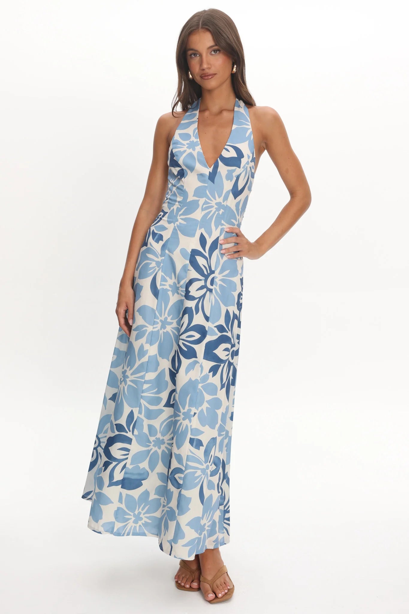Exhilaration Halterneck Maxi Dress Floral Blue