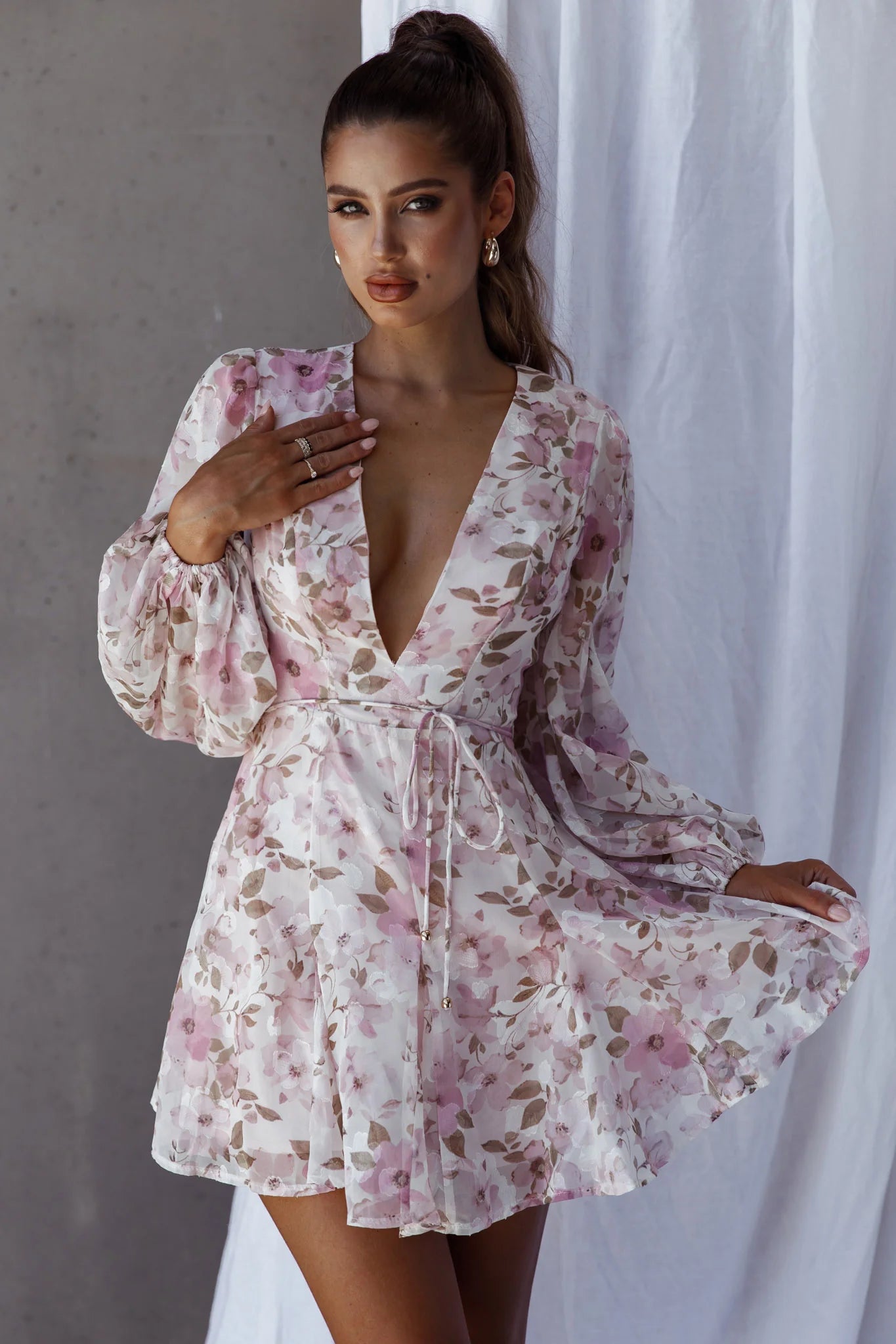 Estelle Long Sleeve V-Neckline Dress Watercolor Floral Print Rose