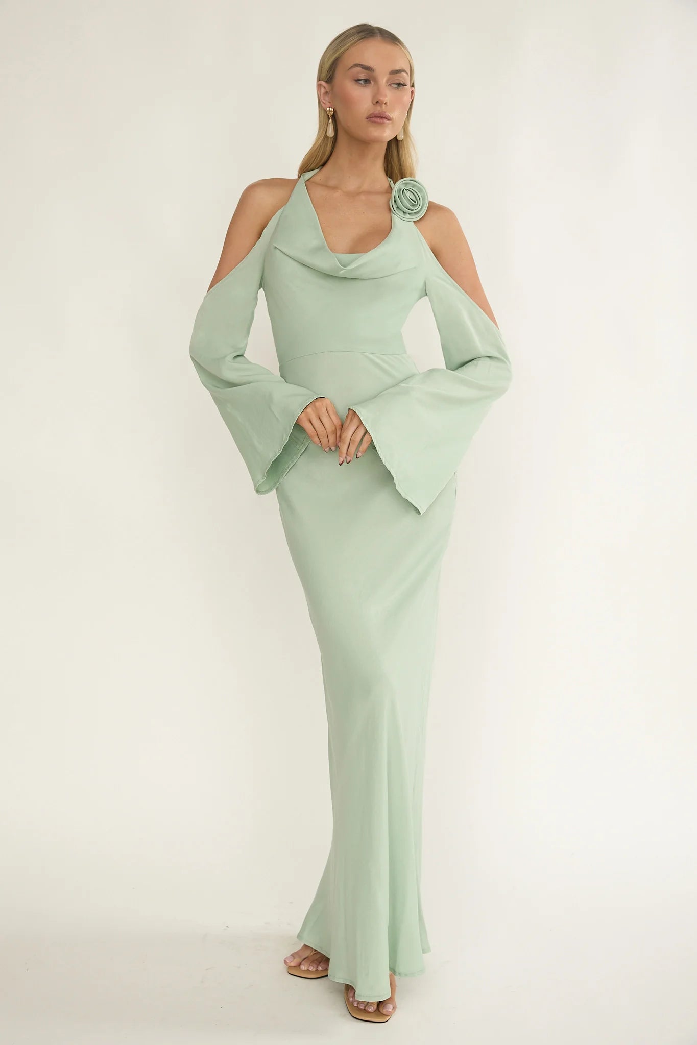 Solenne Cowl Neck Cold Shoulder Maxi Dress Sage
