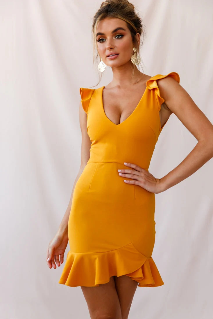 Take Note Frill Dress Mustard