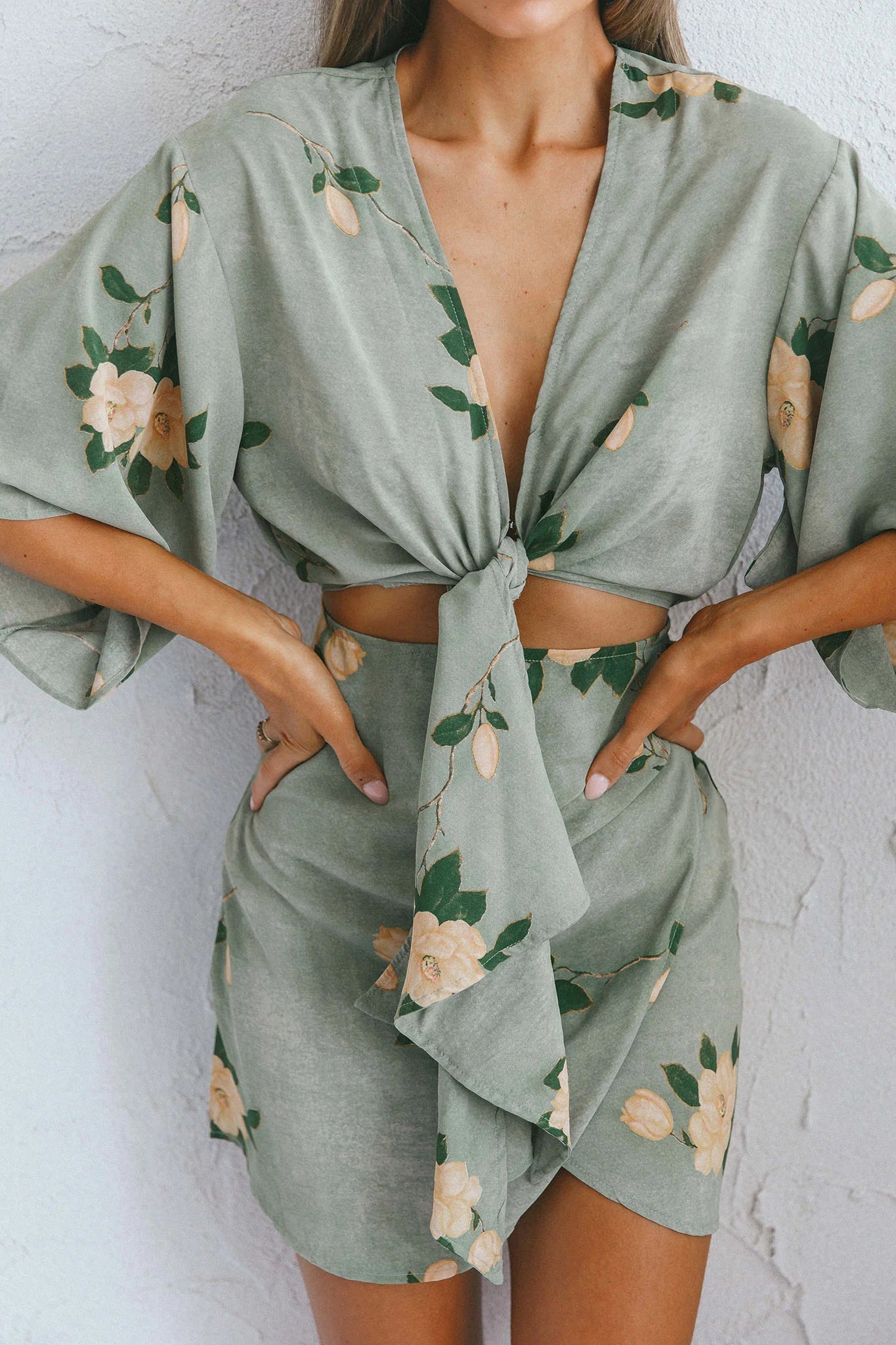 Rivera Deep-V Waist-Tie Dress Rose Floral Print Sage