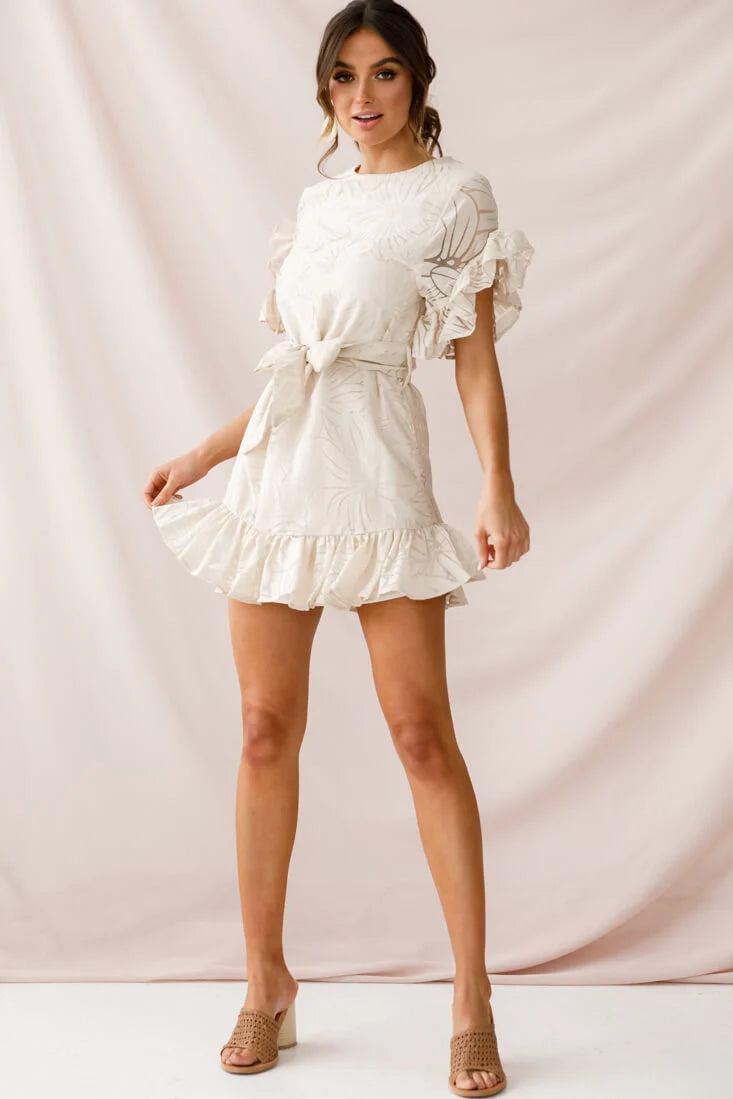 Coolum Ruffle Sleeve Dress Beige