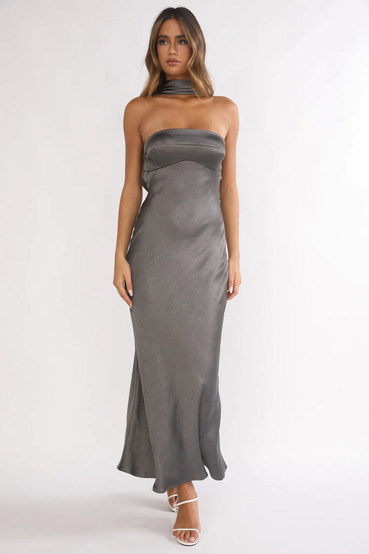Damsel Reverse Halter Maxi Dress Satin Charcoal