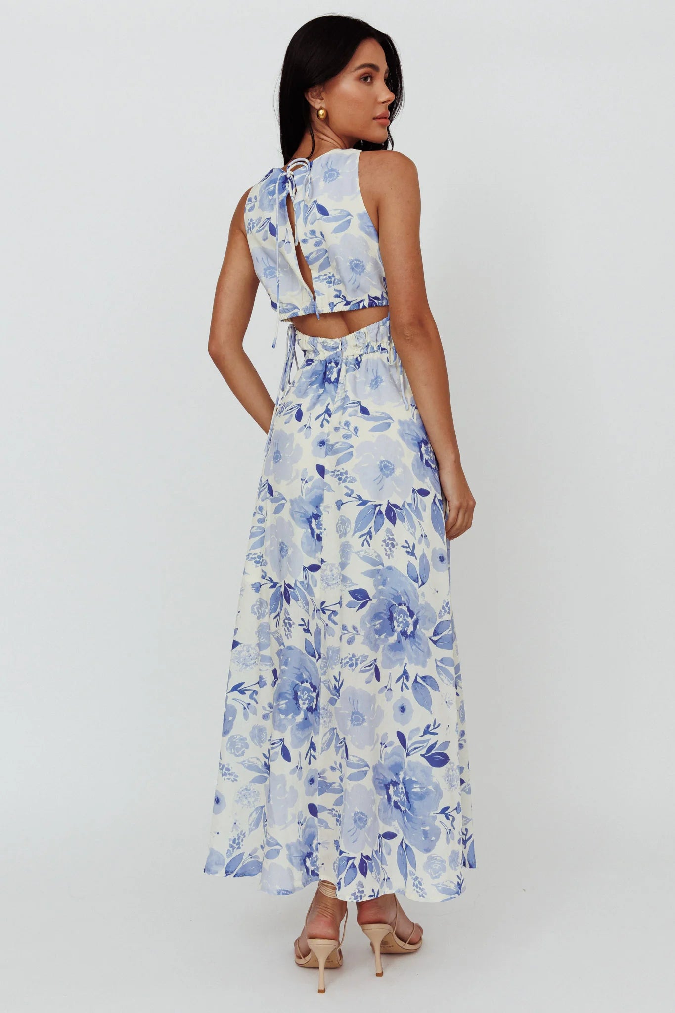 Perla V-Neck Drawstring Maxi Dress Floral Blue