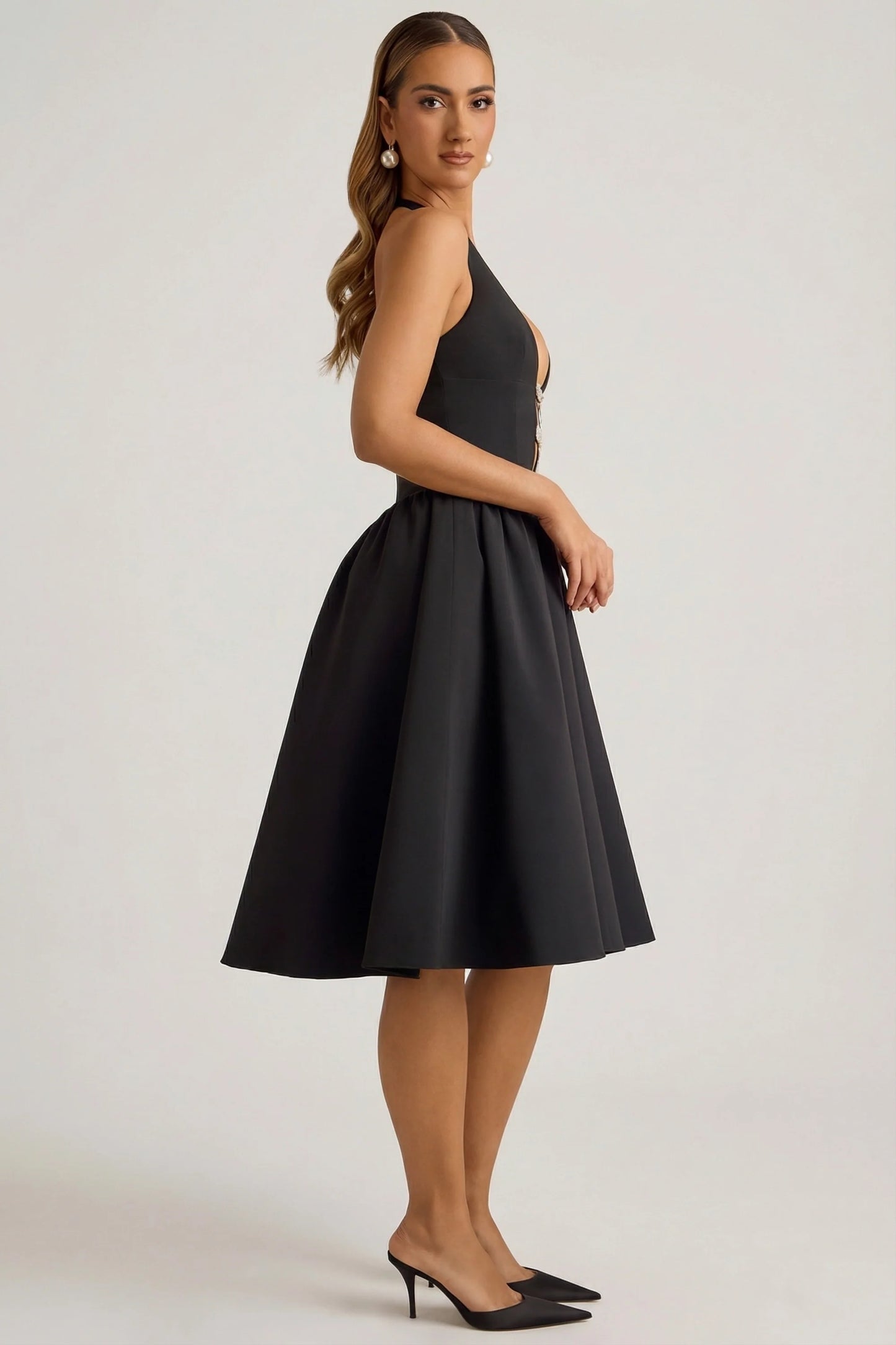 Halterneck Bow-Detail Midi Dress in Black