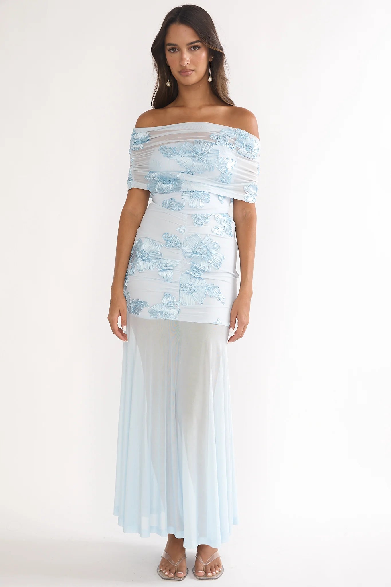 Clarita Sheer Ruched Maxi Dress Embellished Blue