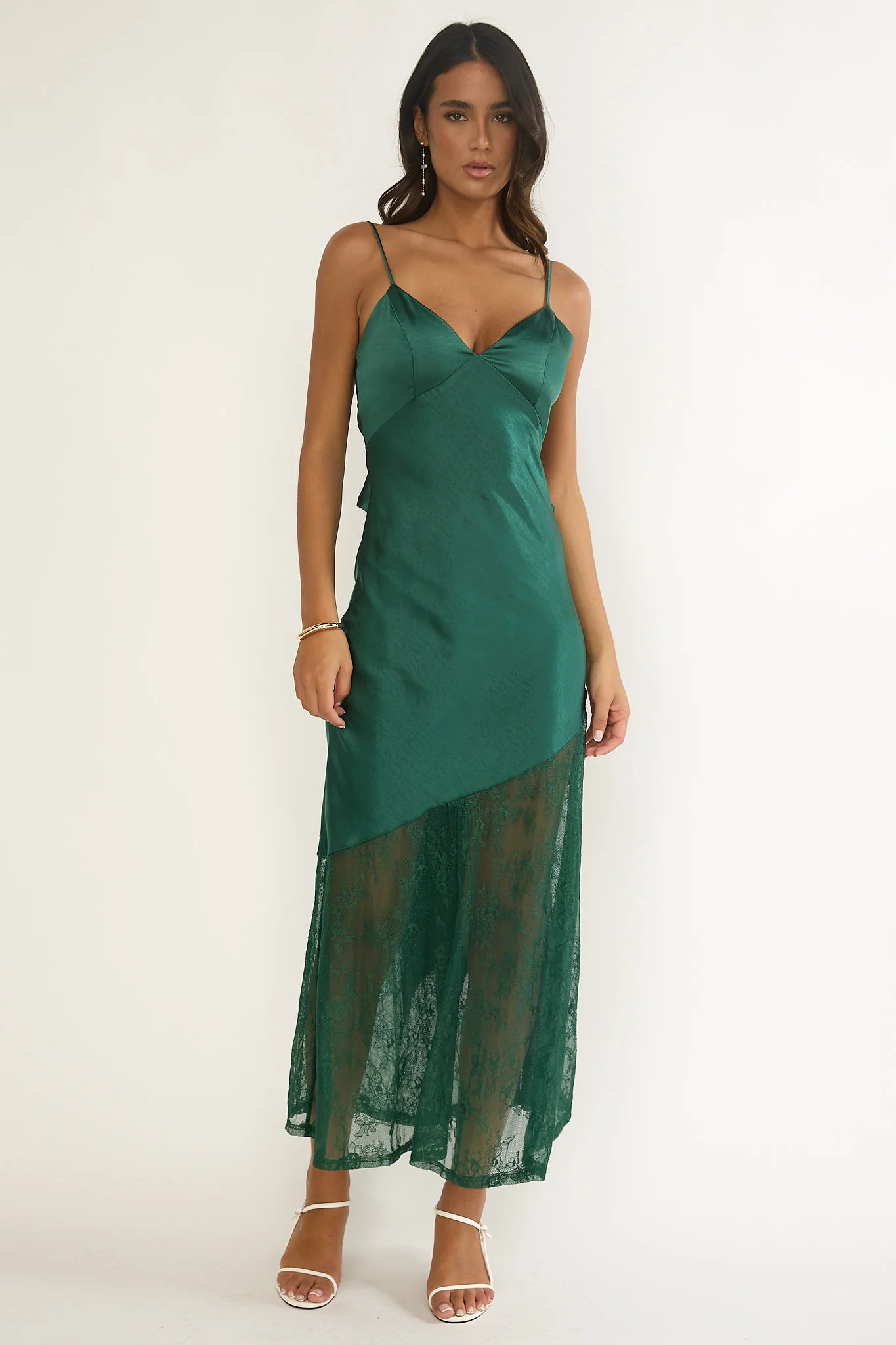 Ciao, Bella Tied Back Lace Hem Dress Forest Green