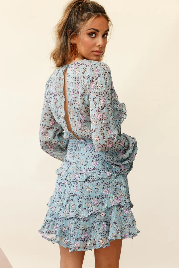 Dusk Long Sleeve Waist Tie Frill Dress Floral Print Midnight Blue