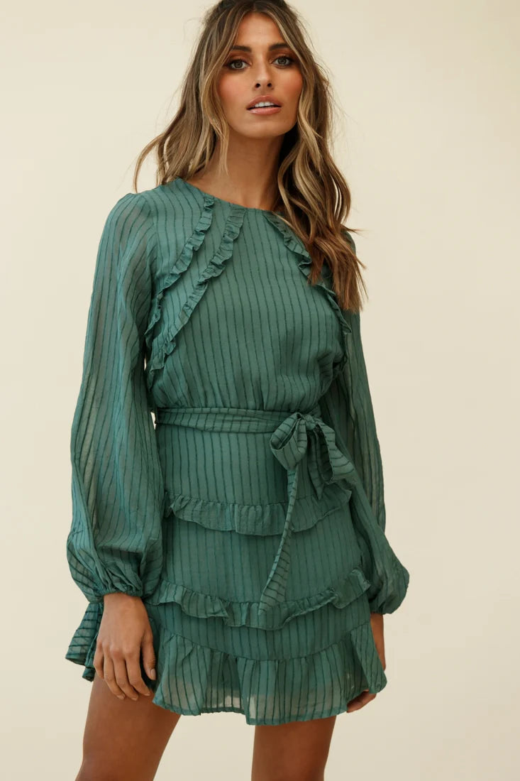 Dusk Long Sleeve Waist Tie Frill Dress Thin Stripe Green