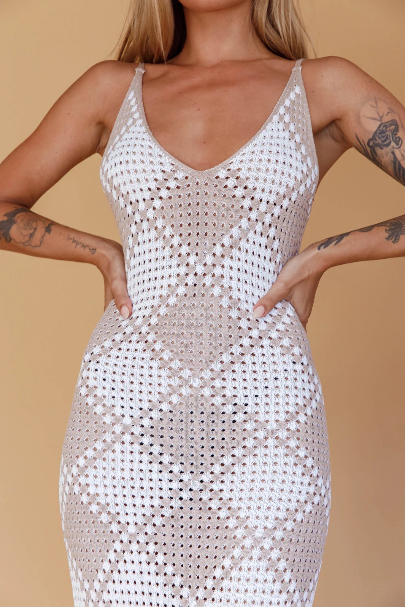 Easy Street Crochet Maxi Dress Beige