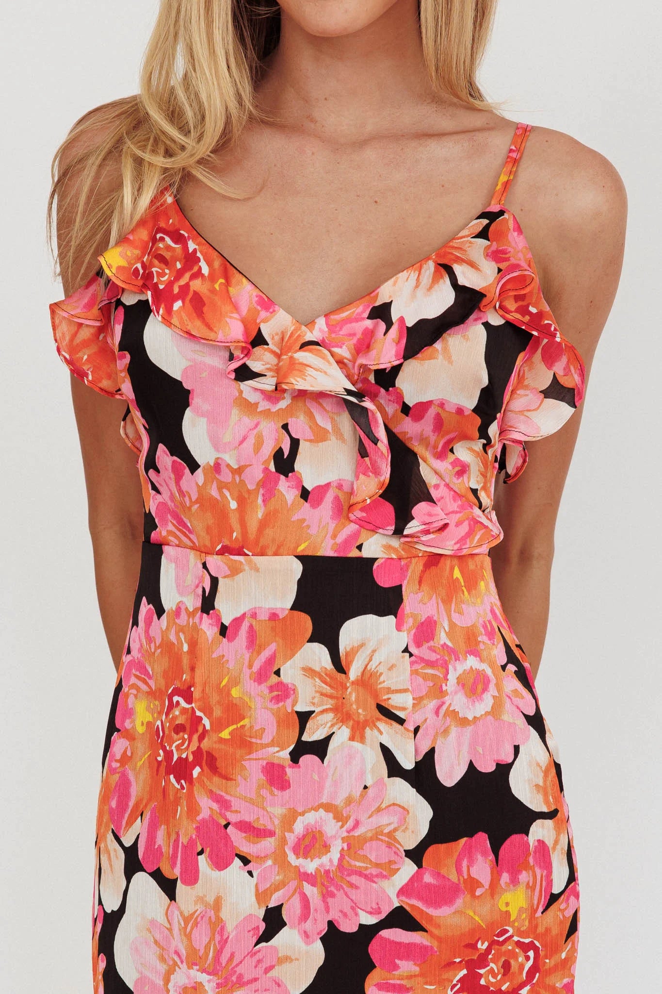 Silvana Frill Trim Maxi Dress Black/Pink