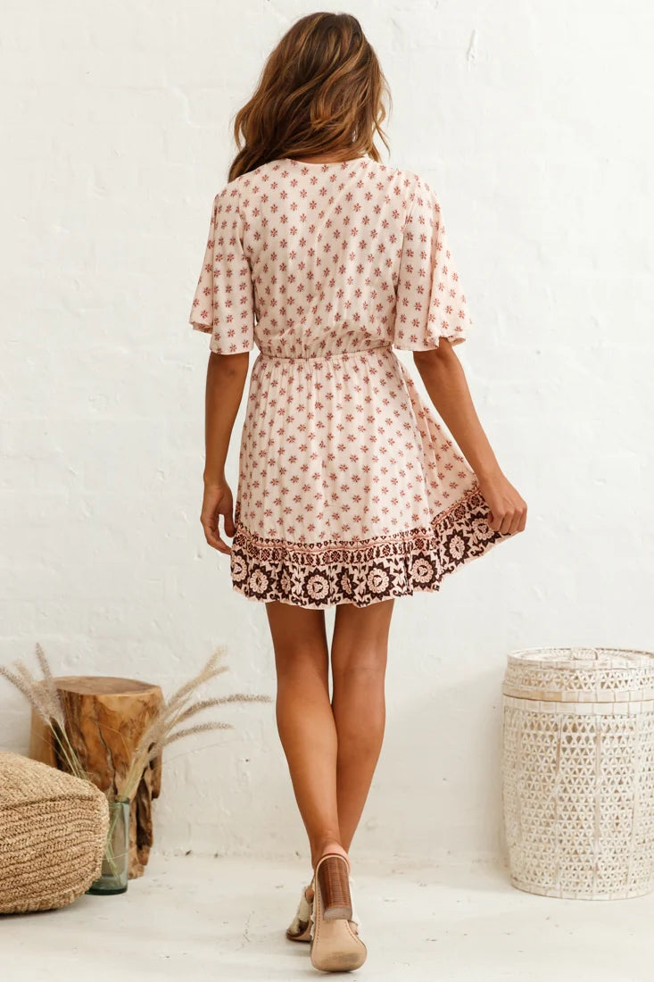 Suva Tie-Knot Bust A-Line Dress Floral Print Nude