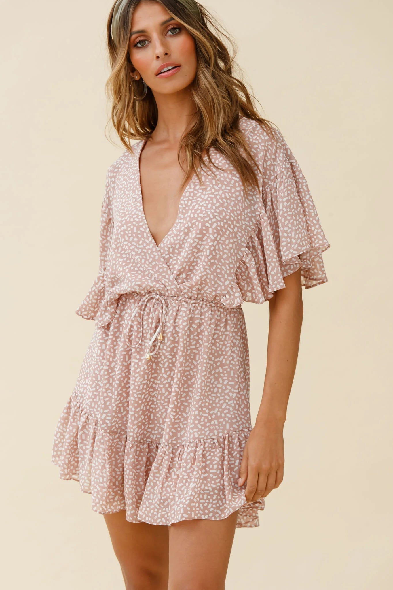 Esme V-Neckline Drawstring Waist Dress Sprinkle Print Pink