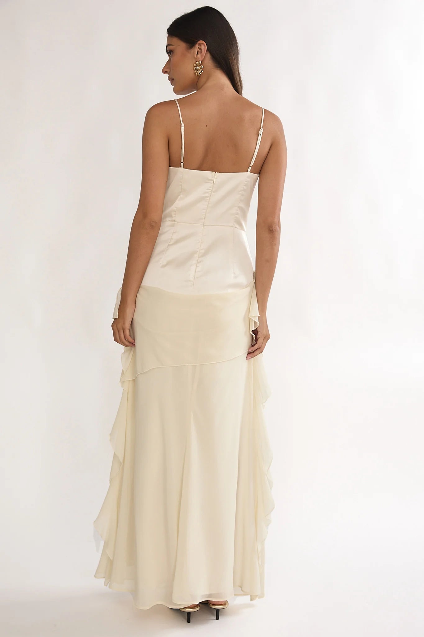 Rivena Rosette Chiffon Drape Maxi Dress Oyster