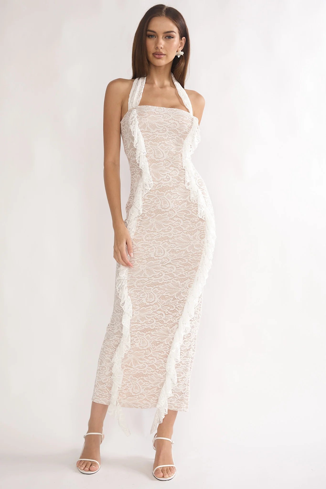 Chiavari Ruffle Trim Lace Maxi Dress White
