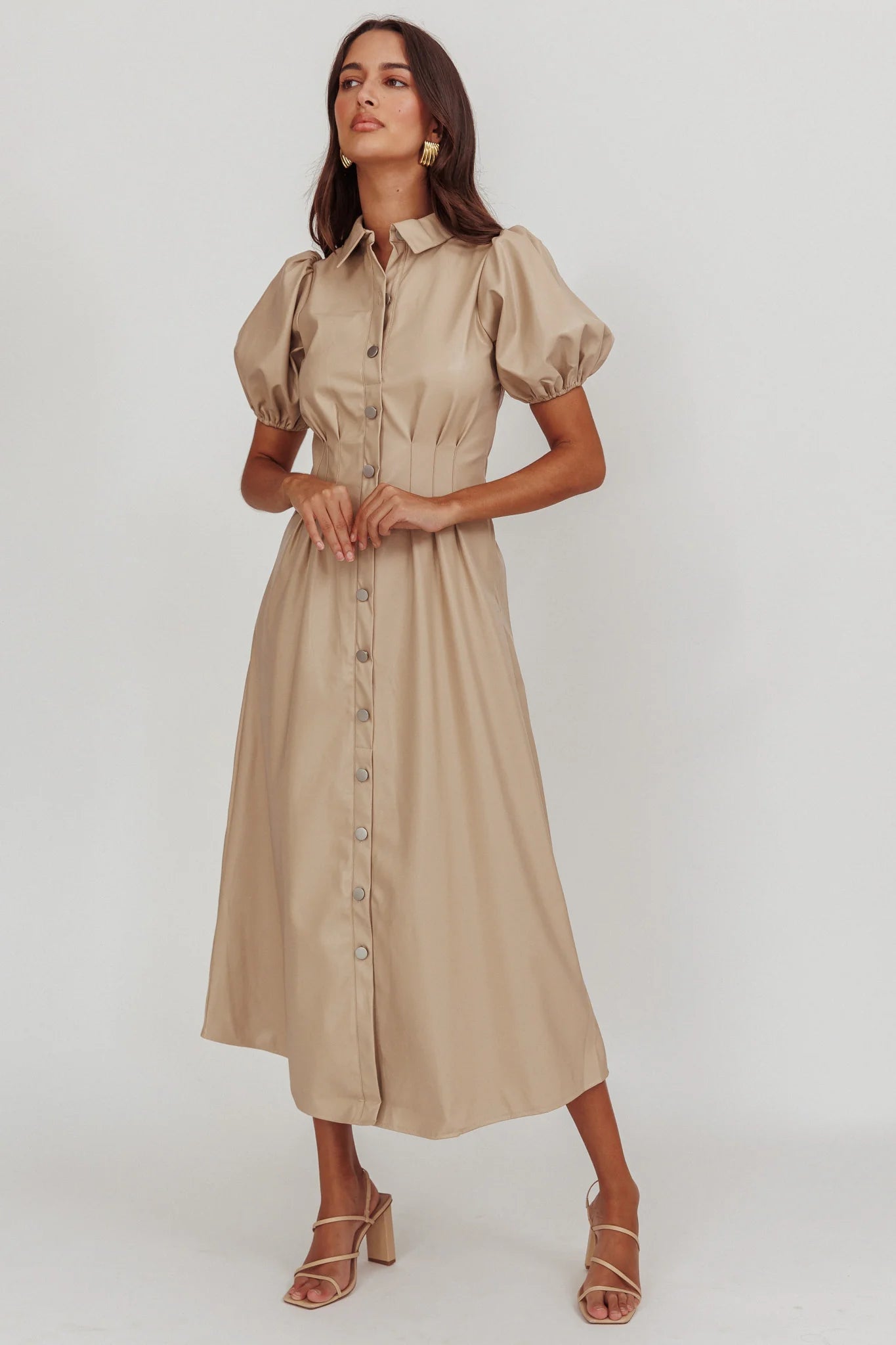 Zurich A-line Puff Sleeve Midi Dress Nude