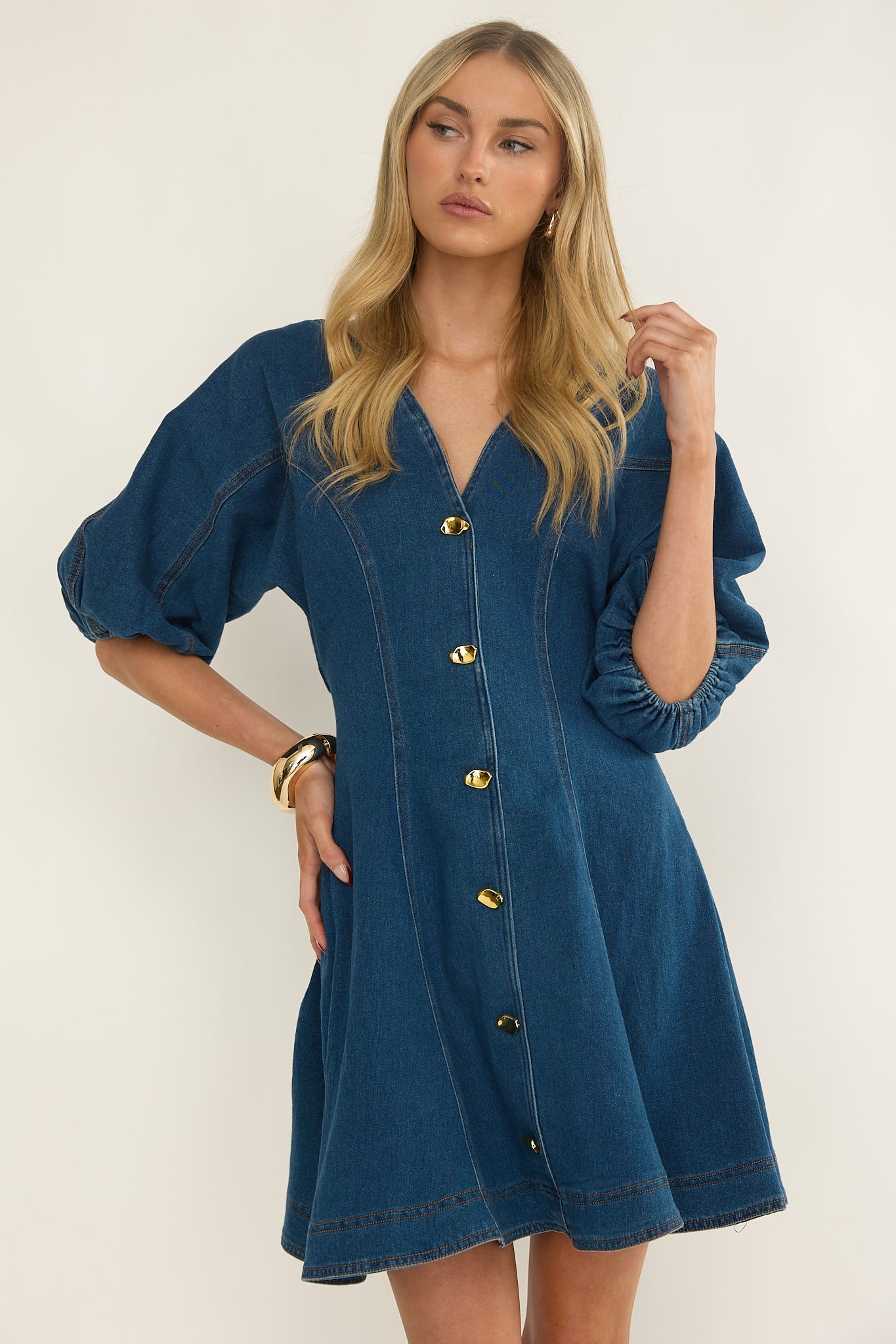 Rivette Bubble Sleeve Mini Dress Denim