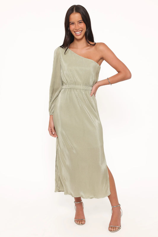 Pontee One Shoulder Pleated Midi Dress - Sage Green