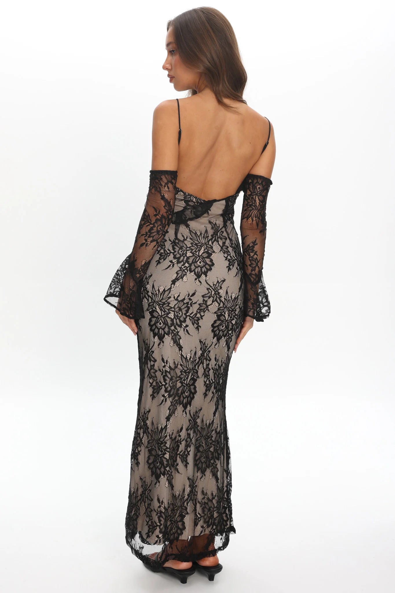 Zarah Off-Shoulder Sleeve Lace Maxi Dress Black