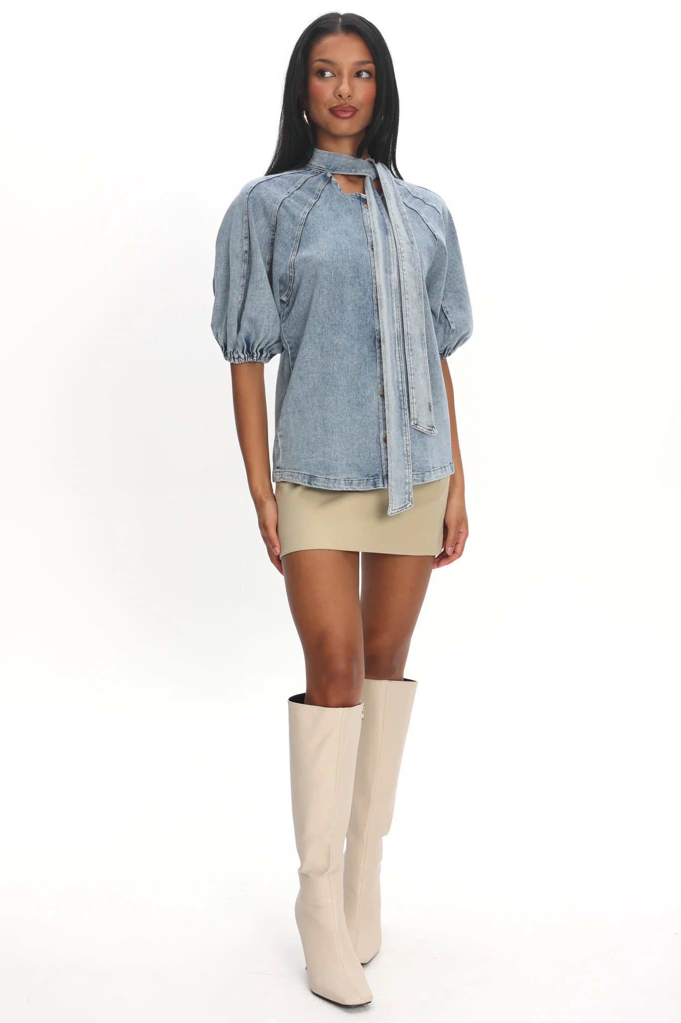 Notice Me Puff Sleeve Neck Bow Top Denim Blue