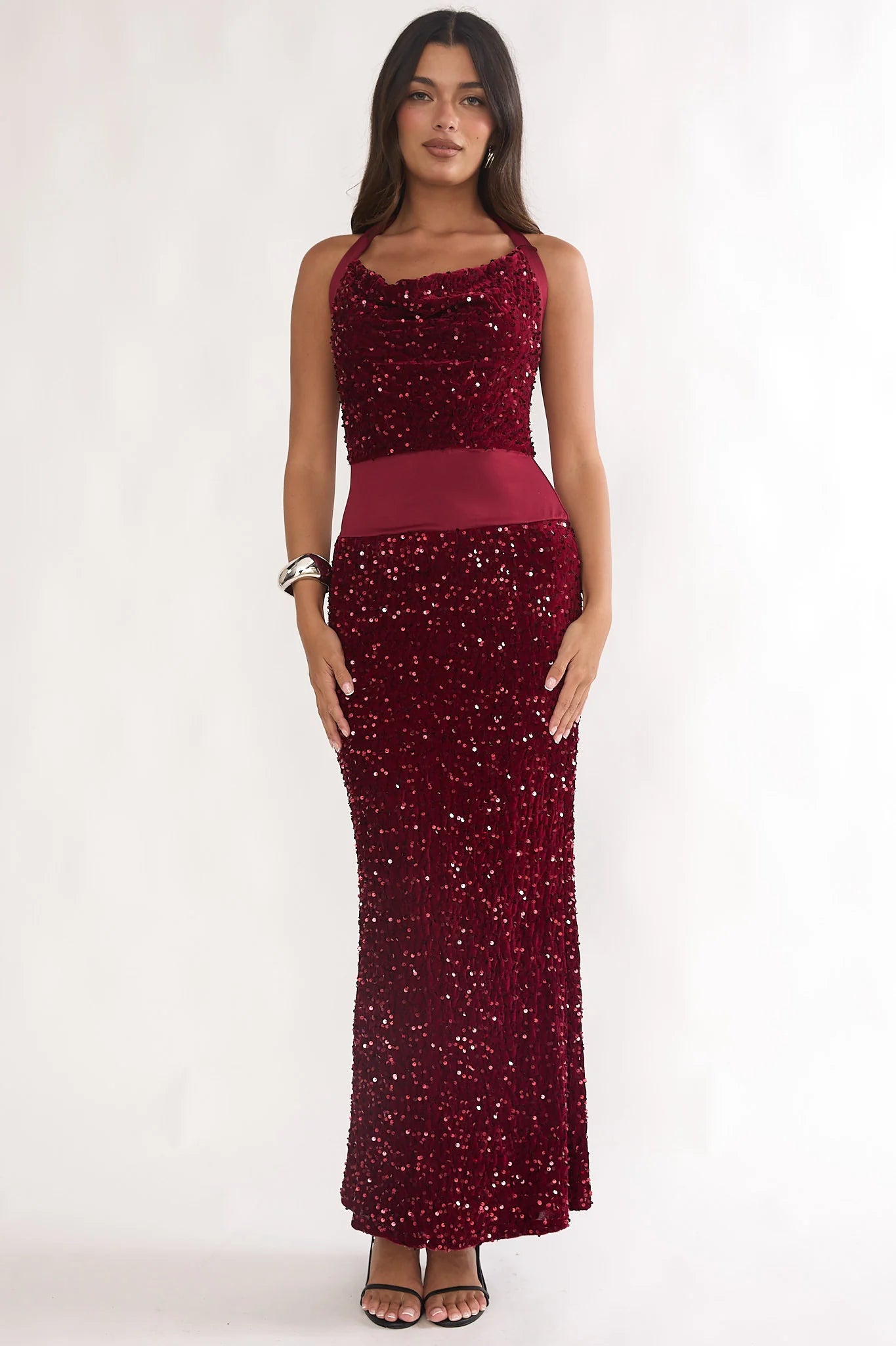 Cabernet Halter Maxi Dress Sequin Wine
