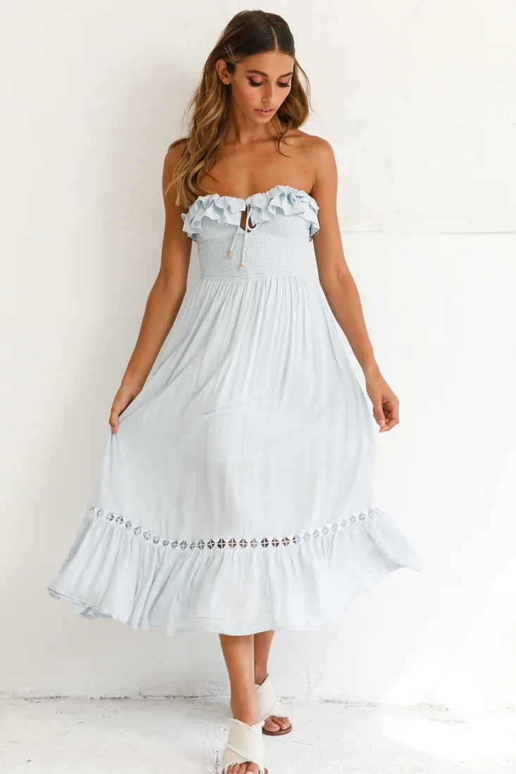 Daydream Shirred Bust Frill Trim Maxi Dress Ice Blue