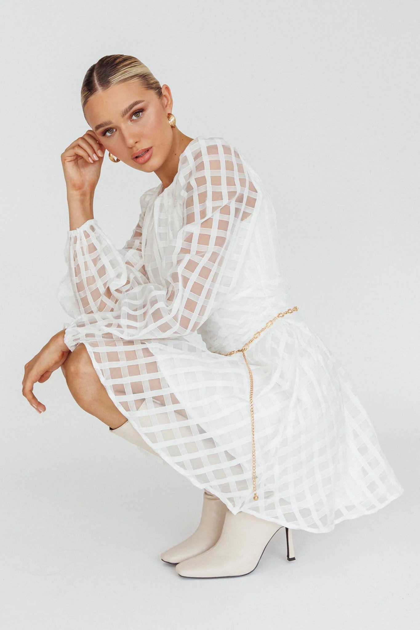 Tatiana Long Sleeve Plaid Mini Dress White