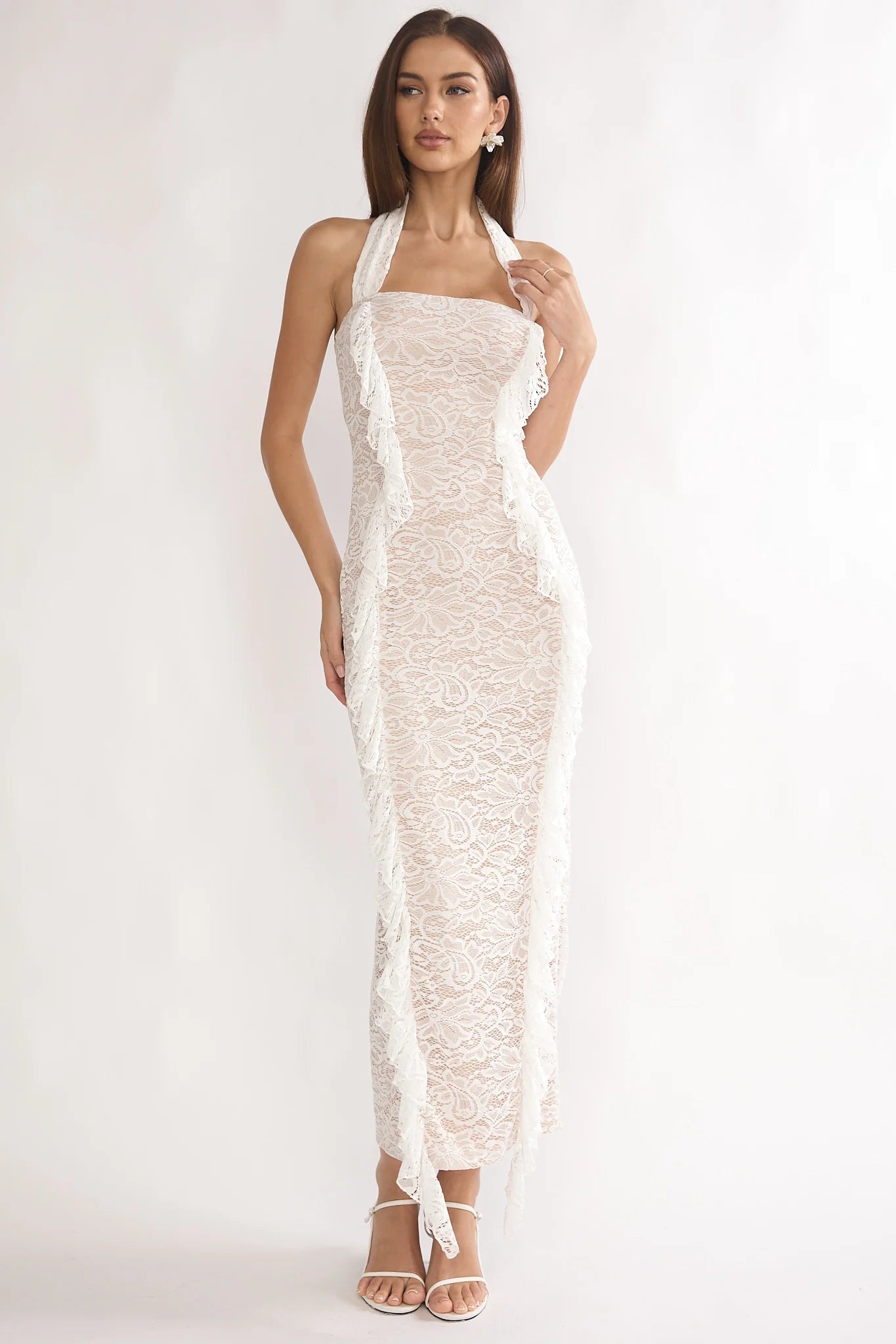 Chiavari Ruffle Trim Lace Maxi Dress White