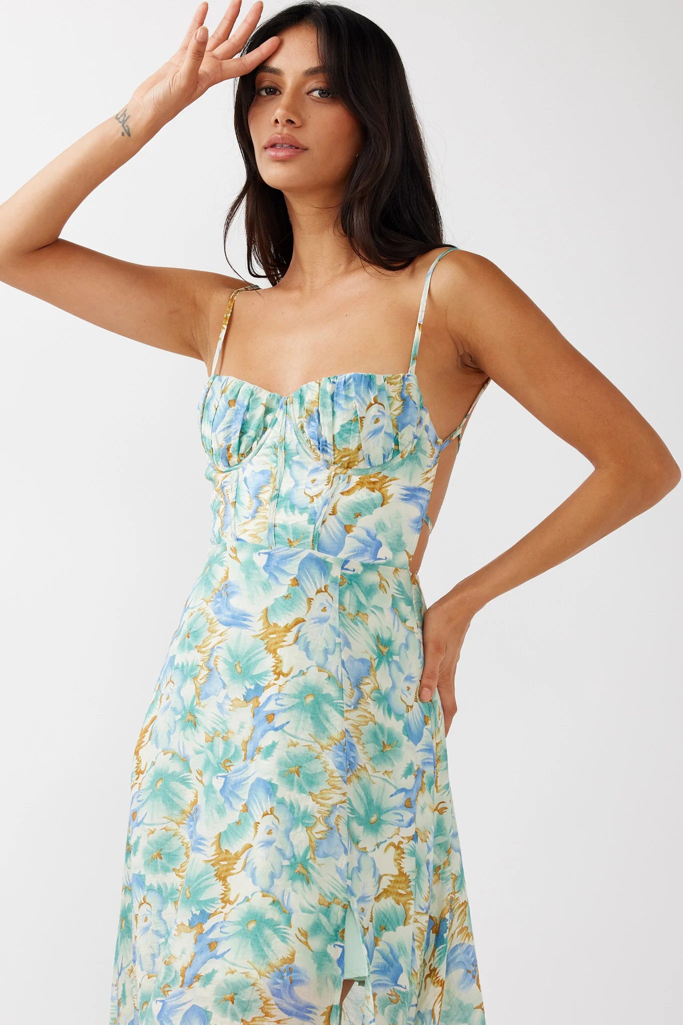Echoes Tied Back A-Line Midi Dress Floral Green